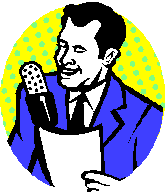 man holding a piece of paper as he speaks into an old fashioned microphone